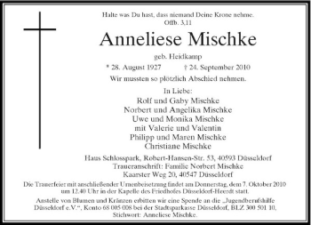 Traueranzeige von Anneliese Mischke von Rheinische Post
