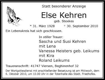 Traueranzeige von Else Kehren von Rheinische Post