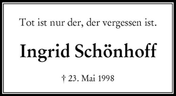 Traueranzeige von Ingrid Schönhoff von Rheinische Post