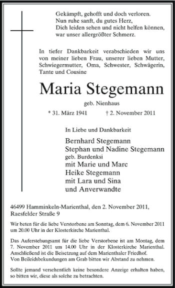 Traueranzeige von Maria Stegemann von Rheinische Post
