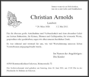 Traueranzeige von Christian Arnolds von Rheinische Post