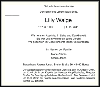 Traueranzeige von Lilly Walge von Rheinische Post