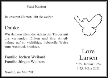 Traueranzeige von Lore Larsen von Rheinische Post