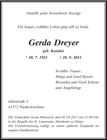 Traueranzeige von Gerda Dreyer von Rheinische Post