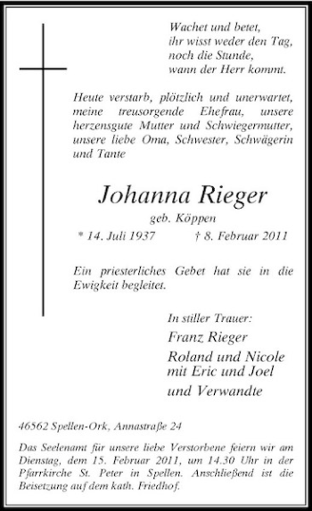 Alle Traueranzeigen für Johanna Rieger | trauer.rp-online.de