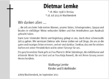 Traueranzeige von Dietmar Lemke von Rheinische Post