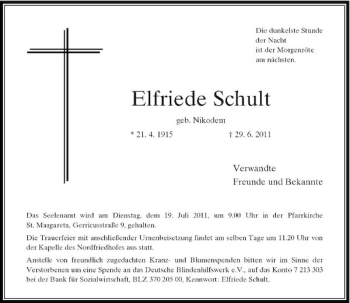 Traueranzeige von Elfriede Schult von Rheinische Post