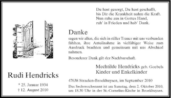 Traueranzeige von Rudi Hendricks von Rheinische Post