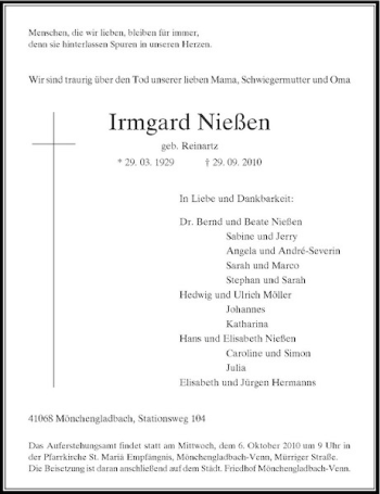 Traueranzeige von Irmgard Nießen von Rheinische Post