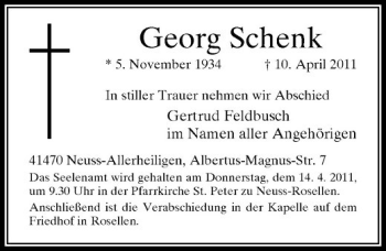 Traueranzeige von Georg Schenk von Rheinische Post