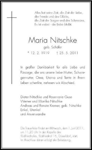 Traueranzeige von Maria Nitschke von Rheinische Post