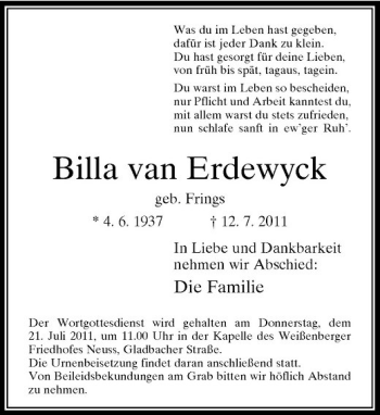 Traueranzeige von Billa van Erdewyck von Rheinische Post