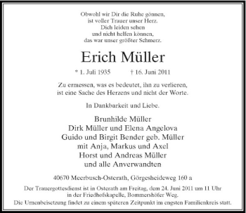 Traueranzeige von Erich Müller von Rheinische Post