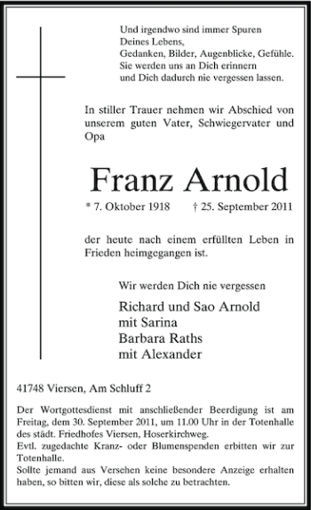 Traueranzeige von Franz Arnold von Rheinische Post