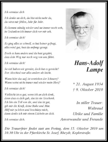 Traueranzeige von Hans-Adolf Lampe von Rheinische Post