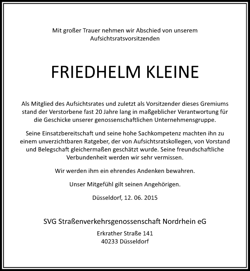  Traueranzeige für Friedhelm Kleine vom 17.06.2015 aus Rheinische Post