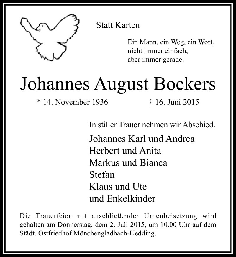  Traueranzeige für Johannes August Bockers vom 27.06.2015 aus Rheinische Post