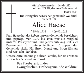 Traueranzeige von Alice Haese von Rheinische Post