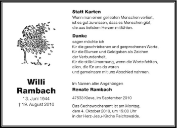 Traueranzeige von Willi Rambach von Rheinische Post