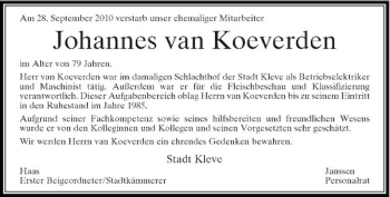 Traueranzeige von Johannes van Koeverden von Rheinische Post