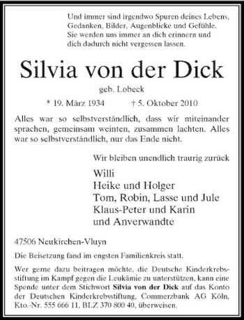 Traueranzeige von Silvia von der Dick von Rheinische Post