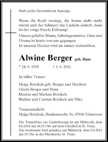 Traueranzeige von Alwine Berger von Rheinische Post