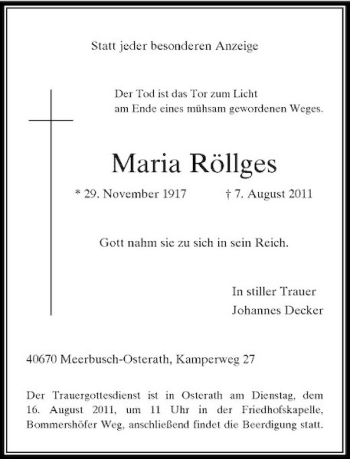 Traueranzeige von Maria Röllges von Rheinische Post