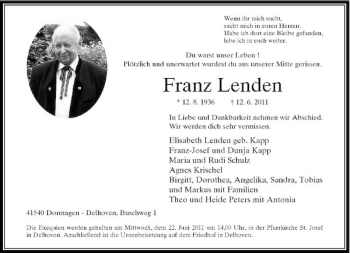 Traueranzeige von Franz Lenden von Rheinische Post