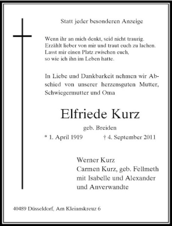 Traueranzeige von Elfriede Kurz von Rheinische Post