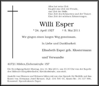 Traueranzeige von Willi Esper von Rheinische Post