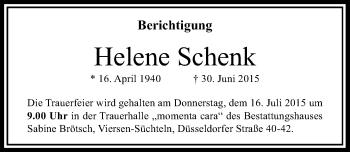 Traueranzeige von Helene Schenk von Rheinische Post