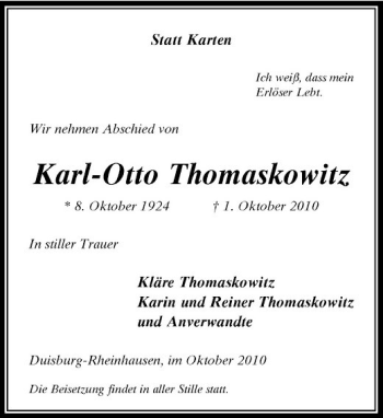 Traueranzeige von Karl-Otto Thomaskowitz von Rheinische Post