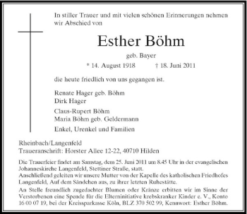 Traueranzeige von Esther Böhm von Rheinische Post
