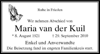 Traueranzeige von Maria van der Kuil von Rheinische Post