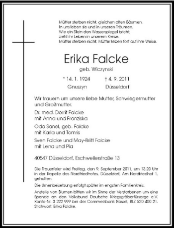 Traueranzeige von Erika Falcke von Rheinische Post