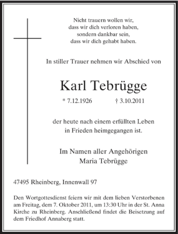 Traueranzeige von Karl Tebrügge von Rheinische Post