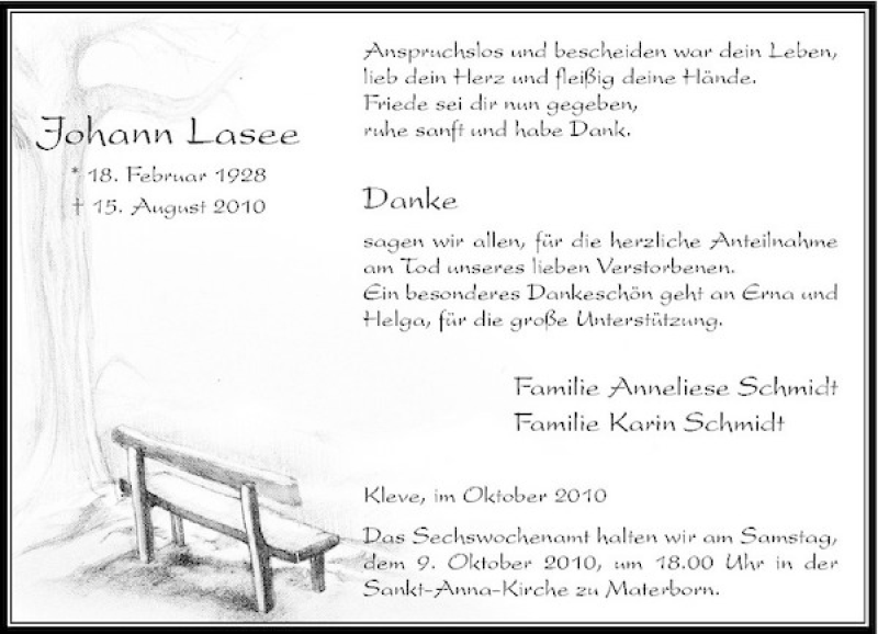  Traueranzeige für Johann Lasee vom 02.10.2010 aus Rheinische Post