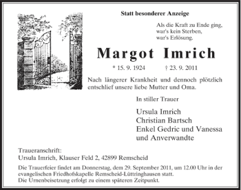 Traueranzeige von Margot Imrich von Rheinische Post