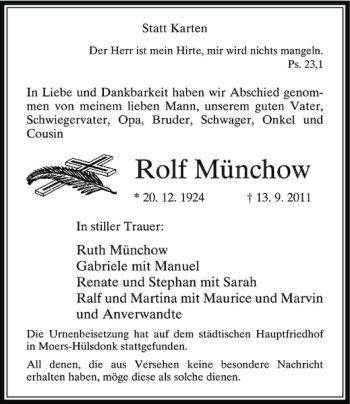 Traueranzeige von Rolf Münchow von Rheinische Post
