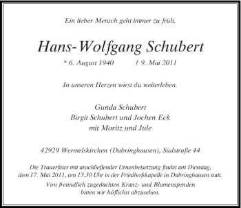 Traueranzeige von Hans-Wolfgang Schubert von Rheinische Post