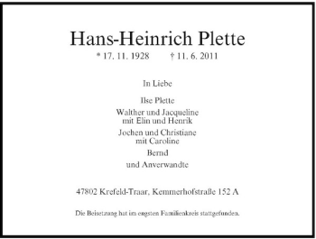 Traueranzeige von Hans-Heinrich Plette von Rheinische Post