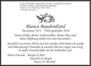 Traueranzeige von Bianca Baudendistel von Rheinische Post