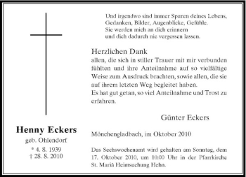 Traueranzeige von Henny Eckers von Rheinische Post