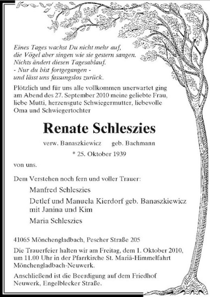  Traueranzeige für Renate Schleszies vom 29.09.2010 aus Rheinische Post