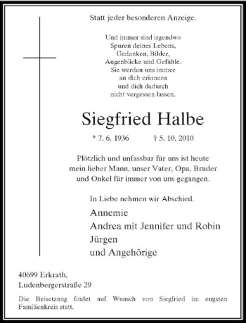 Traueranzeige von Siegfried Halbe von Rheinische Post