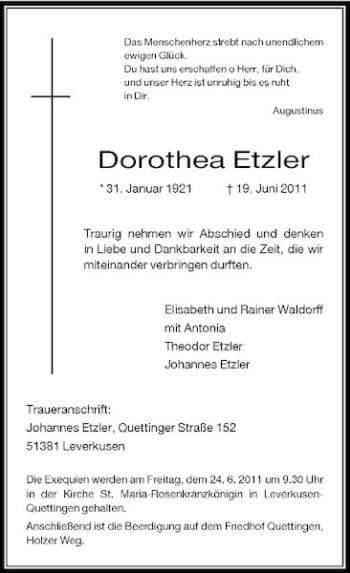 Traueranzeige von Dorothea Etzler von Rheinische Post