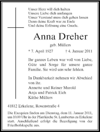 Traueranzeige von Anna Dreher von Rheinische Post