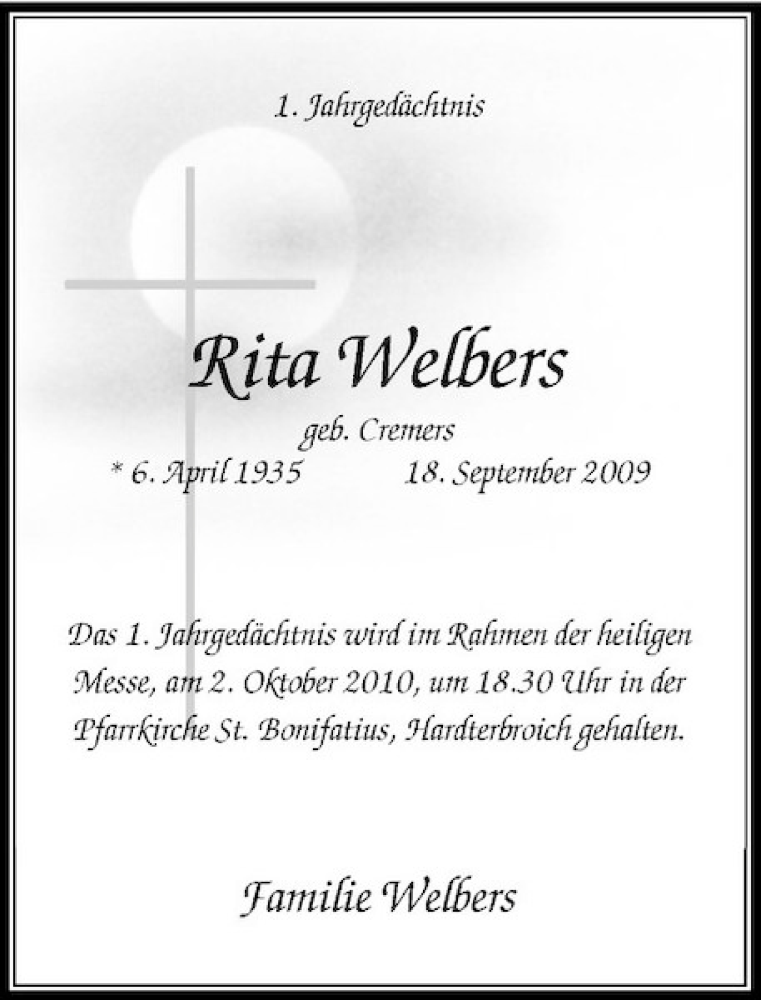  Traueranzeige für Rita Welbers vom 25.09.2010 aus Rheinische Post