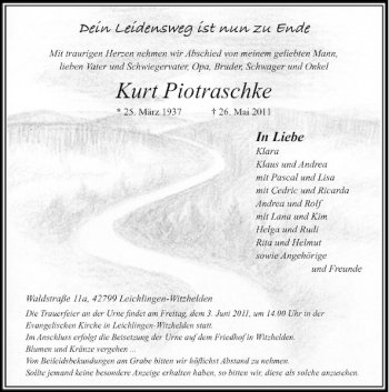 Traueranzeige von Kurt Piotraschke von Rheinische Post