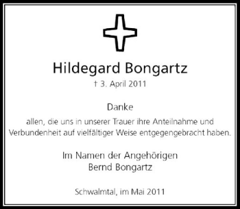 Traueranzeige von Hildegard Bongartz von Rheinische Post